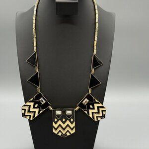 Vintage Gold Tone Chevron Enamel Black Cream Rhinestone Bib Necklace 18" READ